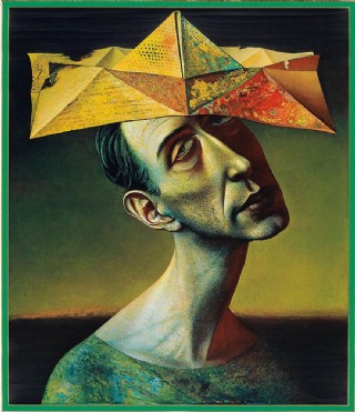 戴纸帽子的男人油画图片