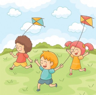 卡通儿童节放风筝的孩子