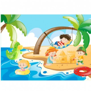 卡通儿童节在海边的孩子