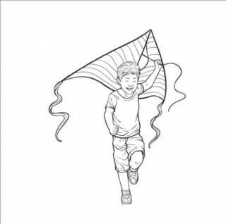 手绘线稿儿童节放风筝的孩子