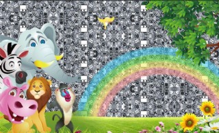 卡通彩虹草地动物背景墙