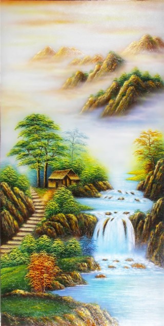 浮雕山水画瓷砖背景墙带路径